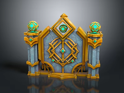 Ornate Archway Decoration with Golden Frame Diamond Gem Side Pillars and Spherical Green Gem Tops 3d model