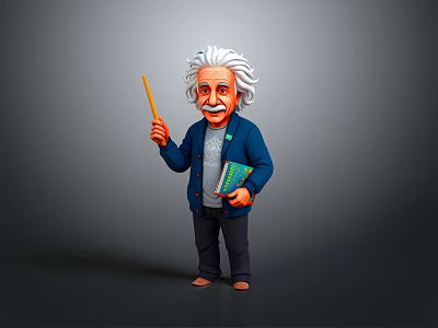 Cartoon Einstein Character Holding Pointer Stick And Book In Blue Coat 3d model