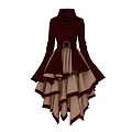 Burgundy High Neck Dress With Belted Waist And Cream Layered Asymmetrical Hem