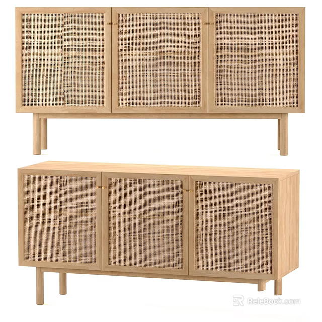 Modern Natural Wooden Sideboard With Rattan Door Panels And Minimalist Design 3d model 