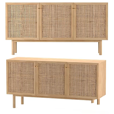 Modern Natural Wooden Sideboard With Rattan Door Panels And Minimalist Design 3d model