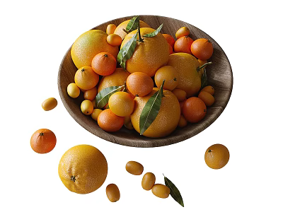 Fresh Citrus Fruits in Wooden Bowl with Scattered Oranges Tangerines and Green Leaves 3d model