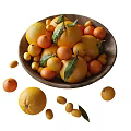 Fresh Citrus Fruits in Wooden Bowl with Scattered Oranges Tangerines and Green Leaves