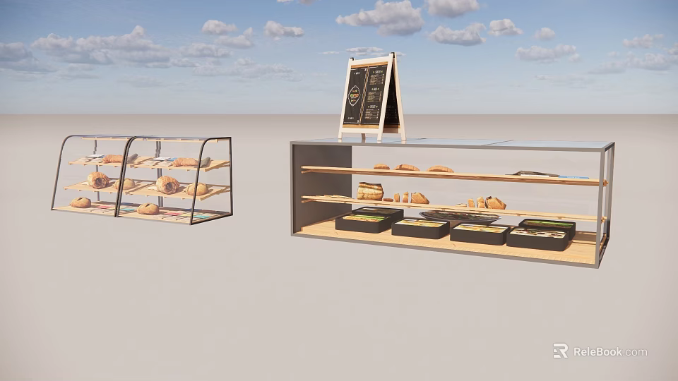 Modern Bakery Display Shelves With Glass Doors And Assorted Bread Pastries 3d model 
