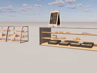 Modern Bakery Display Shelves With Glass Doors And Assorted Bread Pastries 3d model
