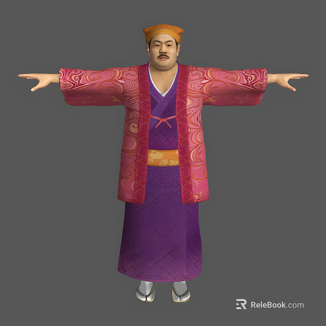 Man With Arms Outstretched Wearing Pink Patterned Coat And Purple Robe With Orange Belt 3d model 