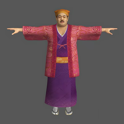 Man With Arms Outstretched Wearing Pink Patterned Coat And Purple Robe With Orange Belt 3d model