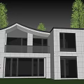 Modern Detached House Exterior With Large Windows Green Lawn And Trees