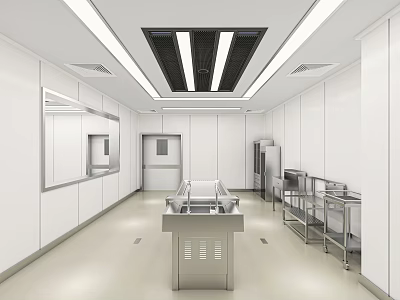Modern Laboratory Interior With White Walls Stainless Steel Workbench Ceiling Lighting And Storage Cabinets 3d model