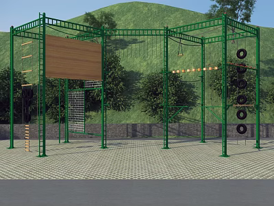 Outdoor Sports Equipment Climbing Structure With Tire Netting Trees Hills And Paved Ground 3d model