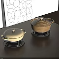 Ceramic Cooking Pots With Lids On Black Bases On Wooden Tabletop In Kitchen