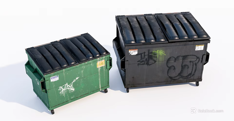 Public Facility Trash Bins Featuring Green Black Color And Graffiti Design 3d model