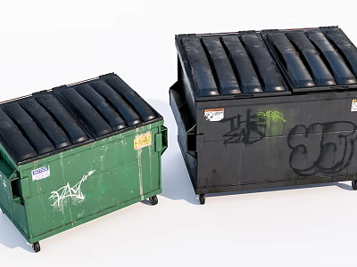Public Facility Trash Bins Featuring Green Black Color And Graffiti Design 3d model