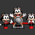 Three Black White Cartoon Toy Figures With Airplane Model Goggles Red Base Design
