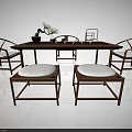 Traditional Wooden Tea Table And Chairs With Tea Set Green Plant And Tray