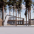 Modern Post Station with Glass and Wooden Structure Surrounded by Tall Trees in Snowy Landscape