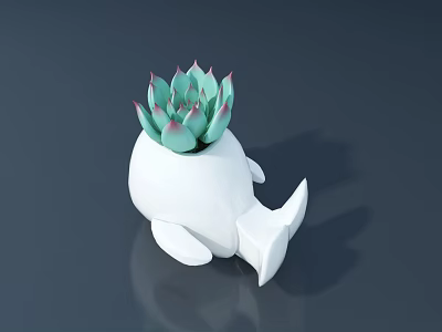 Succulent Plant in White Whale Shaped Pot with Green and Pink Leaves 3d model