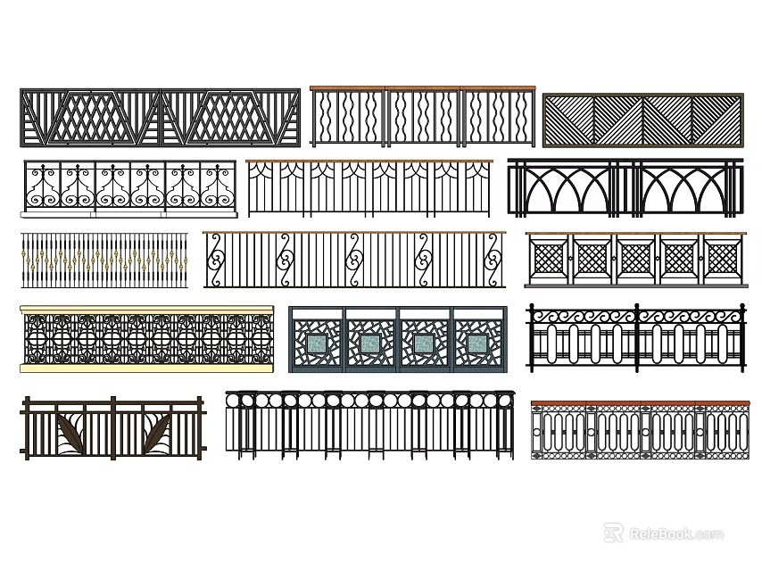 Various Decorative Fence Railings with Intricate Patterns and Diverse Styles 3d model 