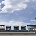 Modern Gas Station Exterior With Blue Canopy Fuel Pumps And Directional Signs