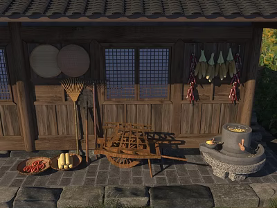 Wooden Swing Door In Traditional Farmhouse With Lattice Windows Farm Tools And Stone Pavement 3d model