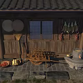 Wooden Swing Door In Traditional Farmhouse With Lattice Windows Farm Tools And Stone Pavement