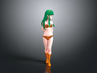 3D Character Design With Green Long Hair Orange Striped Bikini And Laced Boots 3d model