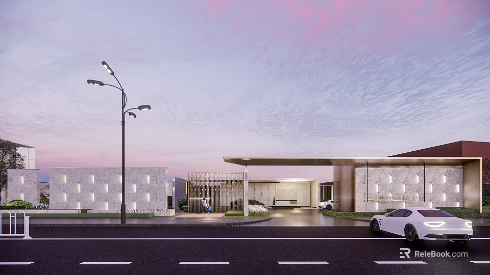 Modern Entrance Gate Design With Covered Canopy Street Lights And White Building 3d model 