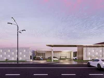 Modern Entrance Gate Design With Covered Canopy Street Lights And White Building 3d model