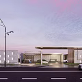 Modern Entrance Gate Design With Covered Canopy Street Lights And White Building
