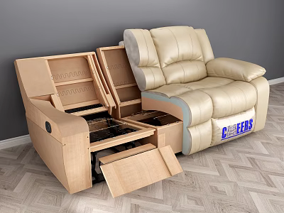 Beige Leather Recliner Single Sofa Showing Internal Structure With POWERS Logo 3d model