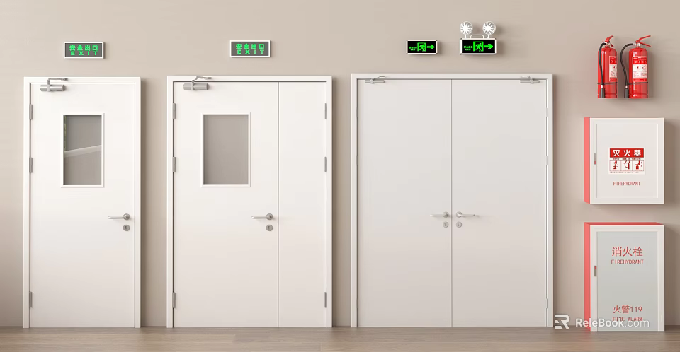 White Safety Exit Doors With Small Windows And Double Panel Design 3d model 