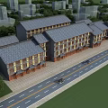 Traditional Chinese Commercial Street With Multi story Storefronts Wooden Doors Windows Tile Roofs Under Blue Sky