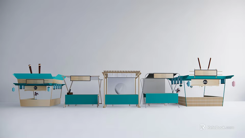 Various Designed Outdoor Market Stalls With Blue Seating And Wooden Canopies 3d model 