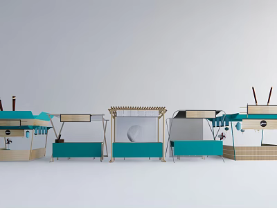 Various Designed Outdoor Market Stalls With Blue Seating And Wooden Canopies 3d model