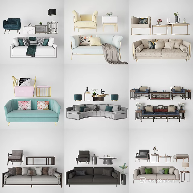 Modern Stylish Sofa And Coffee Table Set With Decorative Pillows And Throw Blankets 3d model