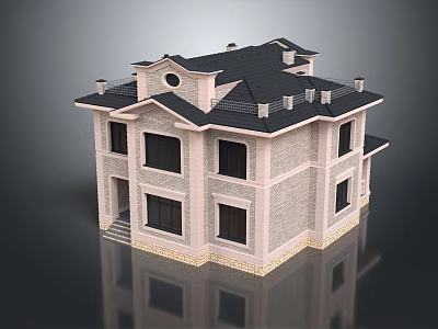Modern Two Story Detached Villa With Gray Exterior Black Roof Large Windows And Decorative Steps 3d model