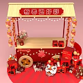 Chinese New Year Festive Stall With Red Decorations Lanterns Fortune Characters And Lion Dance Ornaments