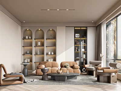 Modern Living Room Interior Design With Beige Sofas Arched Shelves And Floor To Ceiling Windows 3d model