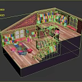 Cozy 3D Model Room with Brick Walls Bookshelves Full of Books Wooden Floor and Staircase