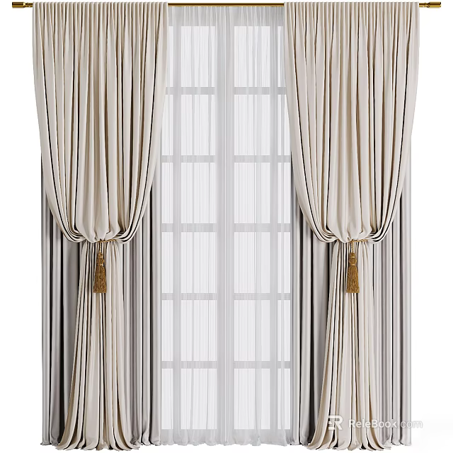Beige Striped Curtains With Tassel Tiebacks And White Sheer For Grid Window 3d model 