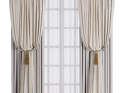 Beige Striped Curtains With Tassel Tiebacks And White Sheer For Grid Window 3d model