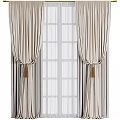 Beige Striped Curtains With Tassel Tiebacks And White Sheer For Grid Window