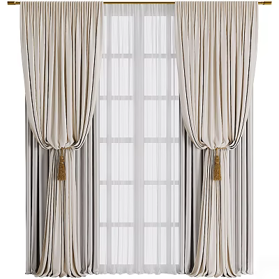 Beige Striped Curtains With Tassel Tiebacks And White Sheer For Grid Window 3d model
