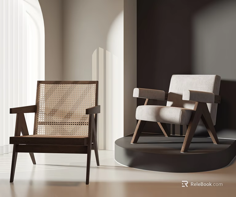 Leisure Chairs with Wicker and Upholstered Seats Wooden Frame in Modern Minimalist Interior Natural Light 3d model 