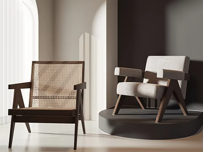 Leisure Chairs with Wicker and Upholstered Seats Wooden Frame in Modern Minimalist Interior Natural Light 3d model