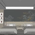 Modern Hotel Guest Room Interior With Twin Beds And Landscape Headboard Wall