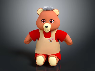 Cute Teddy Bear Shaped Kids Chair With Red And Beige Design And Grey Hair Details 3d model