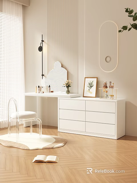 Modern White Chest of Drawers with Dressing Table Transparent Chair and Striped Wall Decor 3d model 