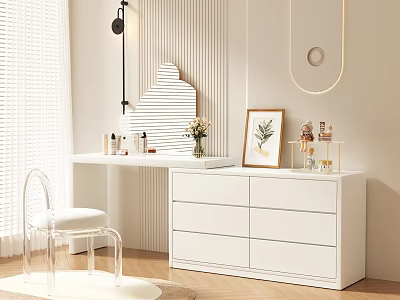 Modern White Chest of Drawers with Dressing Table Transparent Chair and Striped Wall Decor 3d model