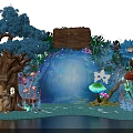 Enchanting Fairy Forest Scene With Glowing Blue Trees Giant Mushrooms And Waterfall